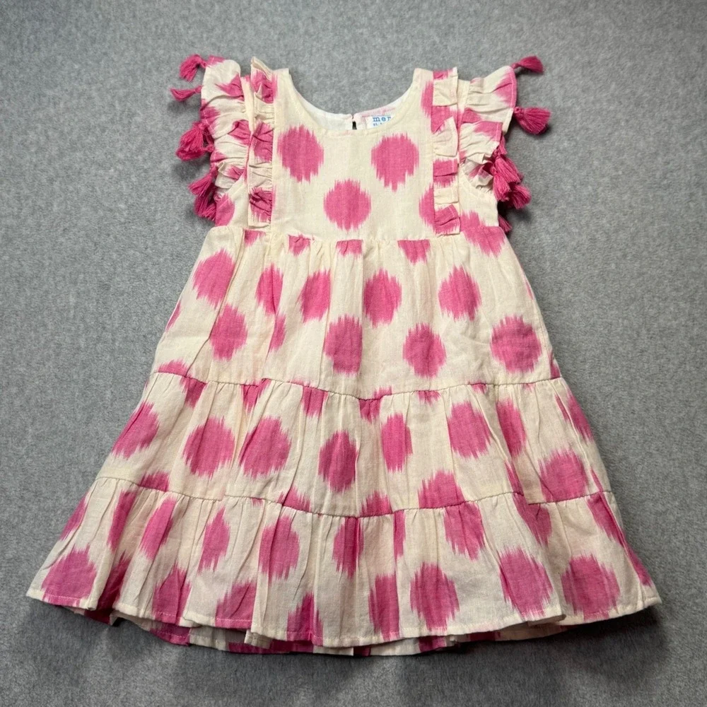Mer St Barth Girls Dress Pink Ikat Tiered Tassel Ruffle Sleeve Size 2